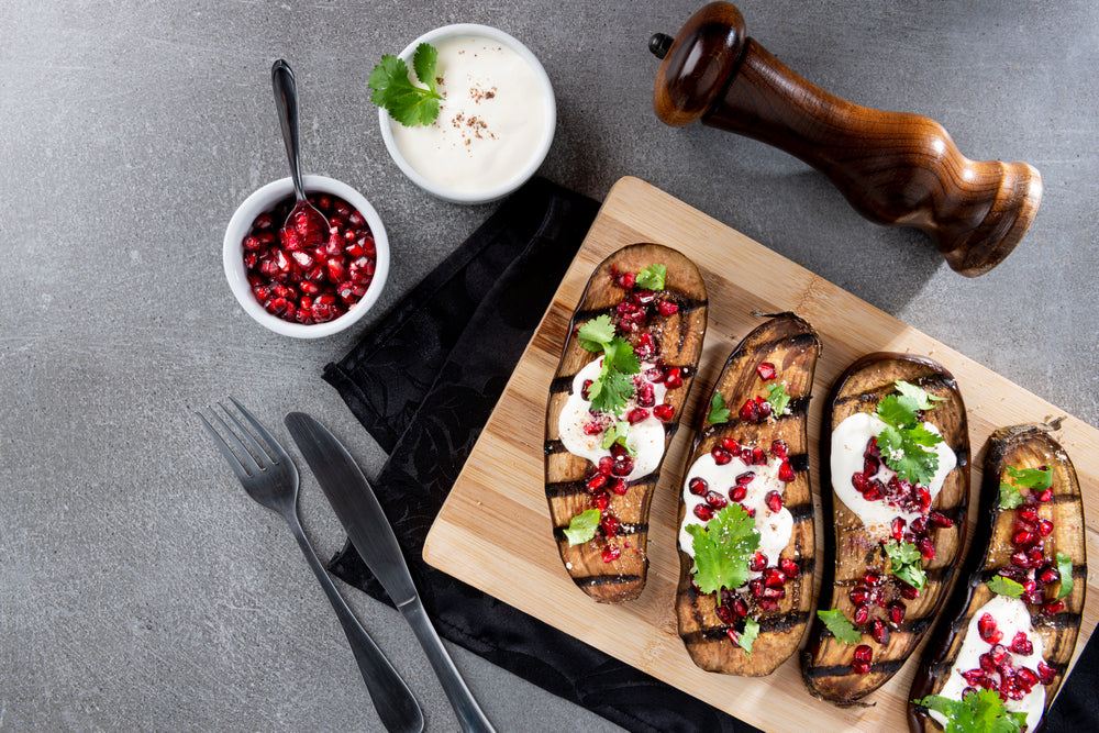 Yoghurt and harissa roasted aubergines